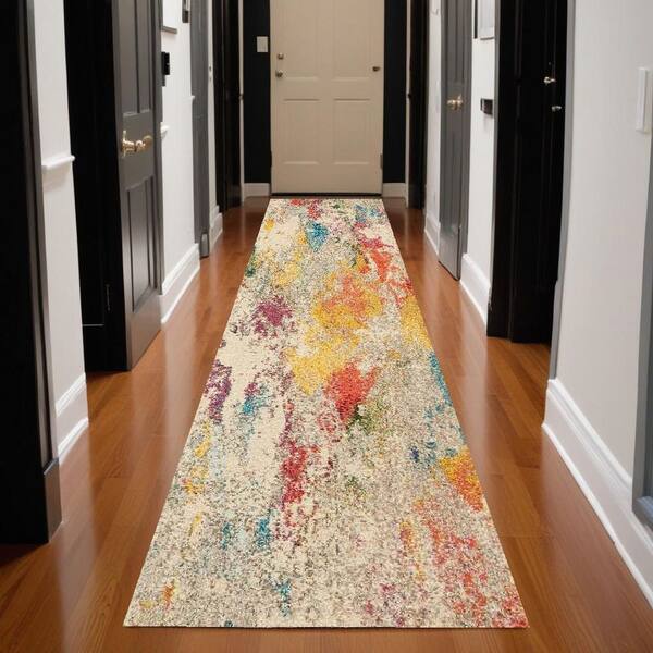 2 ft. x 10 ft. White Abstract Washable Area Rug