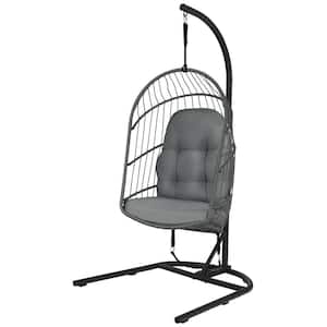 42 in.W 1-Person Gray Wicker Egg Swing  Chair with Stand and Gray Cushions
