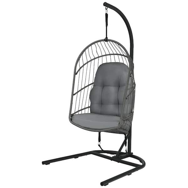 SUNRINX 42 in.W 1-Person Gray Wicker Egg Swing  Chair with Stand and Gray Cushions