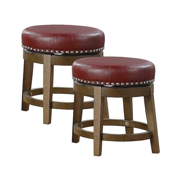 EVERGLADE HOME Paran 19.5 in. Brown Backless Wood Frame Round Swivel Dining Bar Stool with Red Faux Leather Seat (Set of 2)