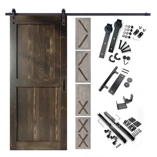 HOMACER 54 in. x 80 in. 5 in. 1 Design Ebony Solid Pine Wood Interior Sliding Barn Door Hardware Kit, Non-Bypass