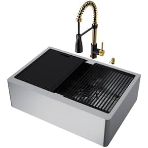 Oxford 30" Single Bowl Workstation Undermount Stainless Steel Farmhouse Sink with Ledge and Faucet with Accessories