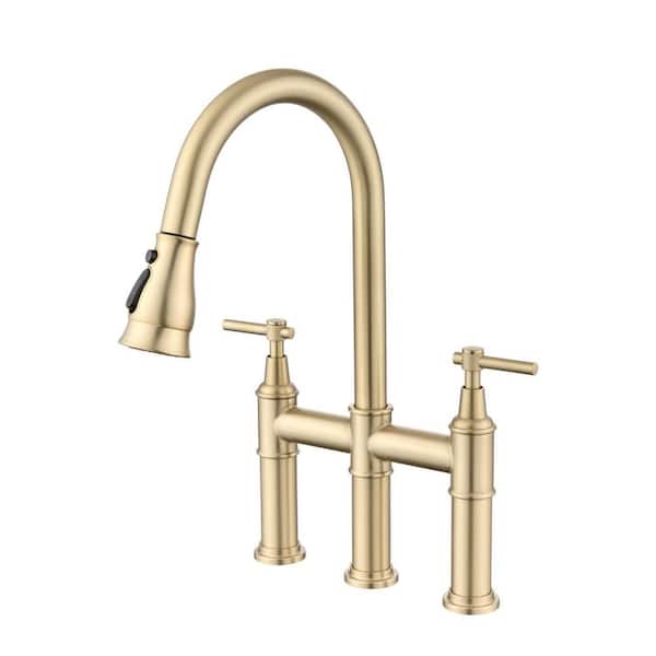 YASINU Double-Handle Bridge Kitchen Faucet with Pull-Down Sprayhead in Brushed Gold