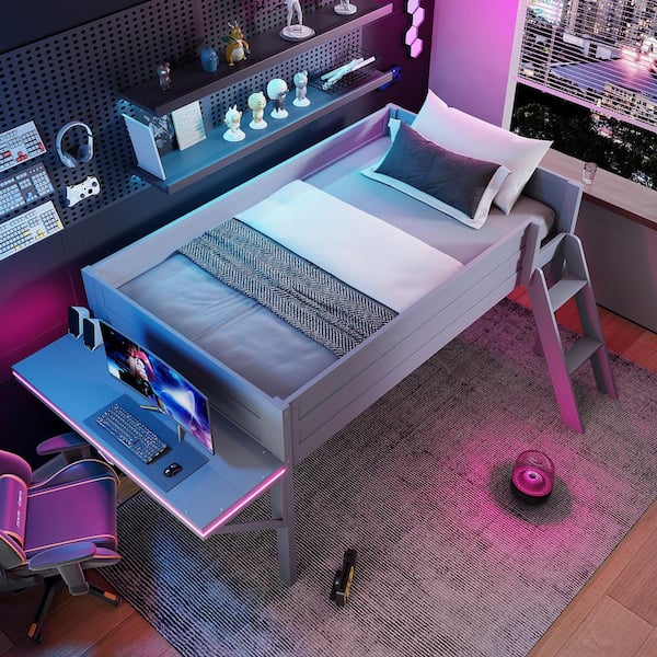 Gray Twin Size Wood Loft Bed with Desk and LED Light