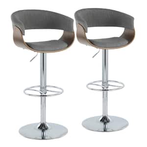 Vintage Mod 32 in. Light Grey Fabric, Walnut Wood and Chrome Metal Adjustable Bar Stool with Wheel Footrest (Set of 2)