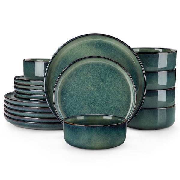 18-Piece Green Stoneware Dinnerware Set Service Set for 6 Bowls and Plates Set