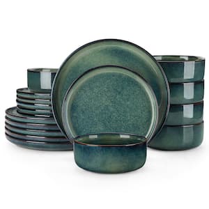 18-Piece Green Stoneware Dinnerware Set Service Set for 6 Bowls and Plates Set