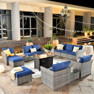 Prosperine Gray 13-Piece Wicker Outerdoor Patio Rectangular Fire Pit Sectional Seating Set with Navy Blue Cushions