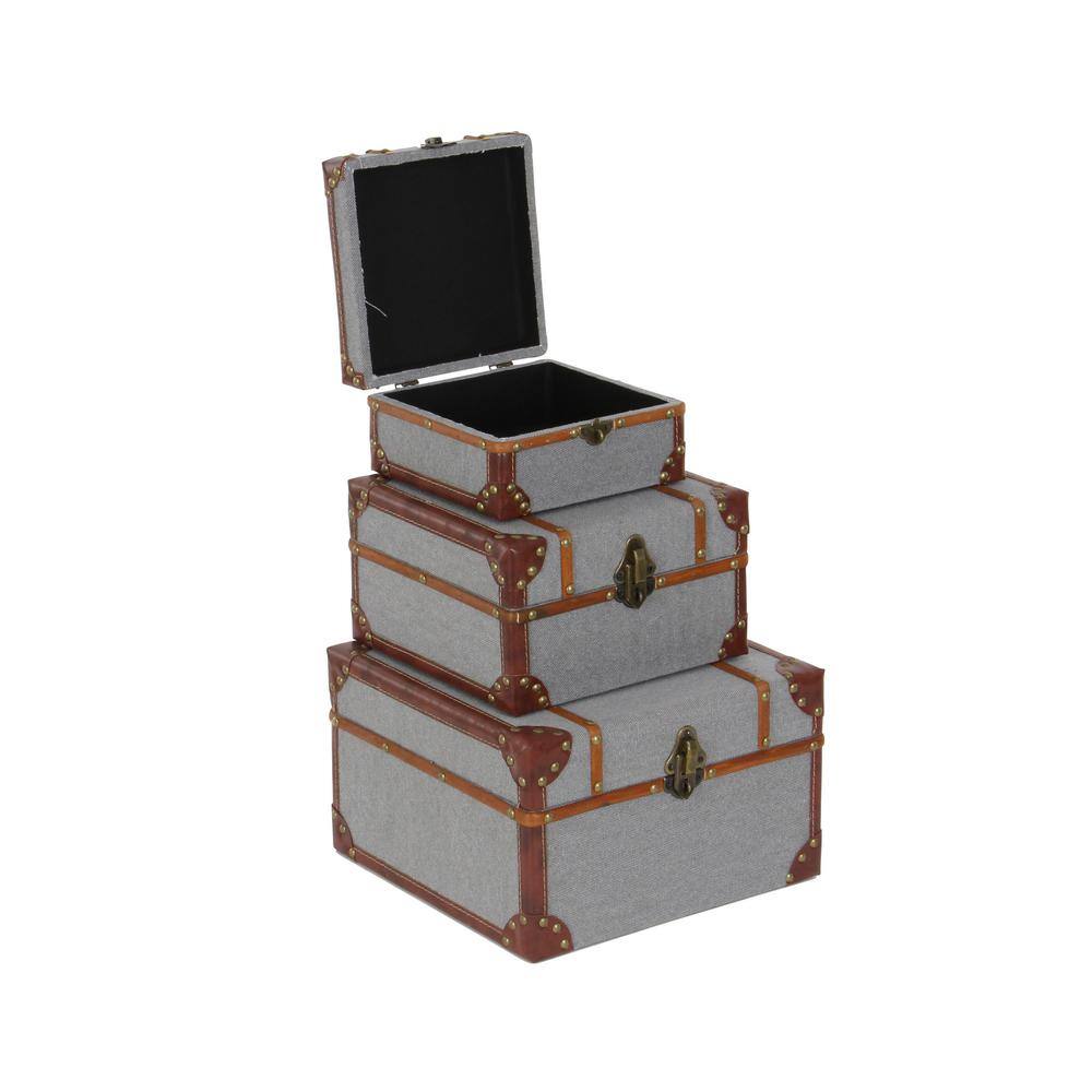 Gray Upholstered Wood 3-Piece Decorative Box Set with Hinged Lids
