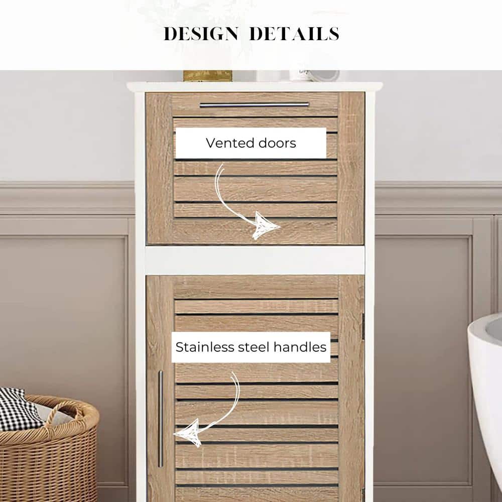 White and Oak Freestanding Bathroom Cabinet with Adjustable Shelving