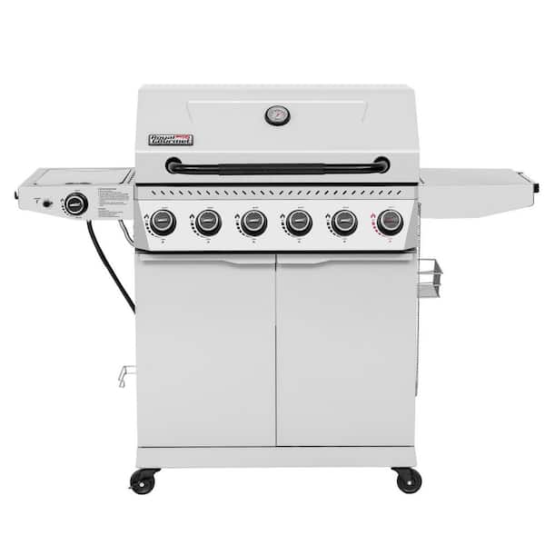 6-Burner BBQ Liquid Propane Gas Grill, with Sear Burner and Side Burner, Stainless Steel and Foldable Side Shelf, White