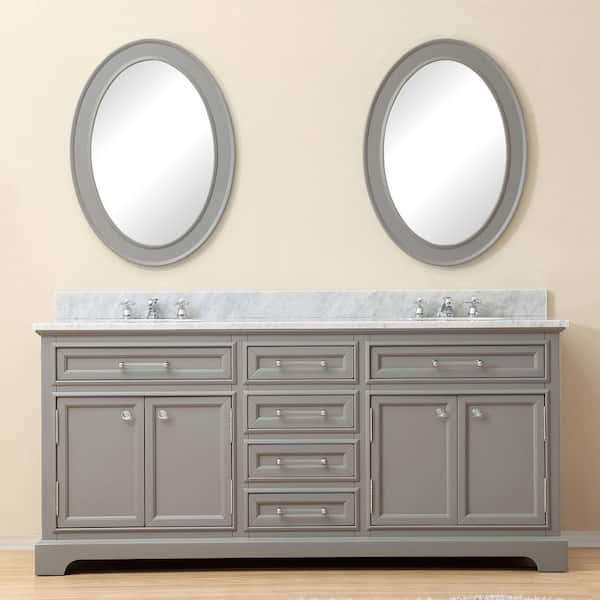 Water Creation 72 in. W x 21.5 in. D Vanity in Cashmere Grey with Marble Vanity Top in Carrara White, Mirror and Chrome Faucets