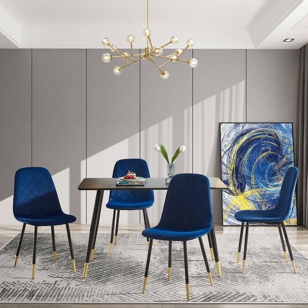 Unbranded Modern Dining Chairs Blue Velvet Tufted Accent Waffle Back Armless Chair with Metal Legs Set of 2