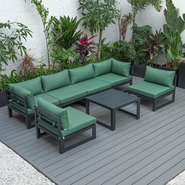 Leisuremod Chelsea Green 7-Piece Patio Sectional Seating Set Aluminum With Coffee Table and Black Cushions