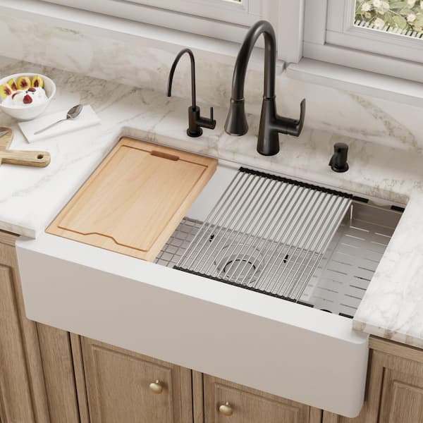 QAWS 740 qt. 34 in. Single Bowl Farmhouse Apron Front Workstation Kitchen Sink in White