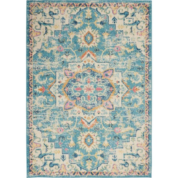Nourison Passion Ivory/Light Blue 5 ft. x 7 ft. Persian Vintage Area Rug