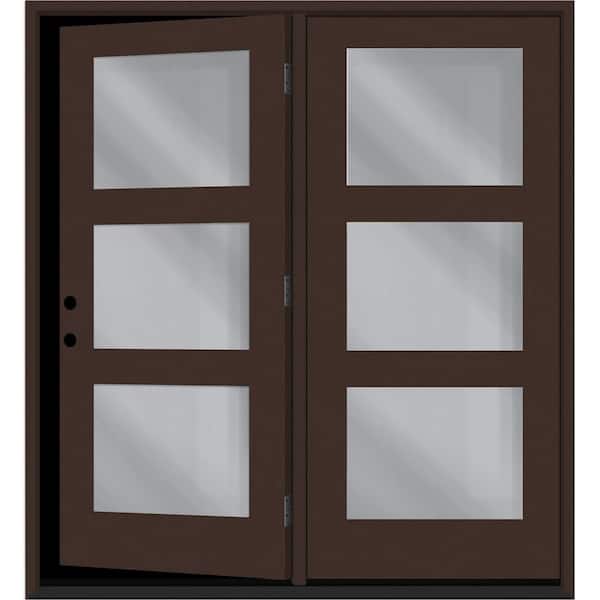 Steves & Sons Regency 72 in. x 80 in. Modern 3L Equal ClearGlass Chstnut RH Center-Hinged Stained Fiberglass Retro Patio Door w/6"Jamb