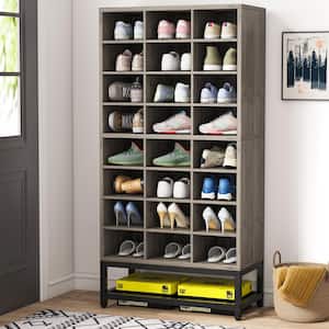 BYBLIGHT 31.5 in. W Brown Oak 24-Pairs Shoe Storage Cabinet, Free-Standing Tipping Bucket Shoe Cabinet for Entryway