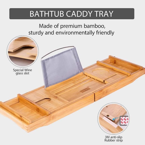 VIVOHOME Expandable 43 inch Bamboo Bathtub Caddy Tray in Natural with Holders, Soap Tray, Wine Glass Slot