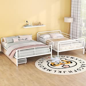White Full XL over Queen Metal Bunk Bed Convert into 2-Separate Beds with 2-Drawers