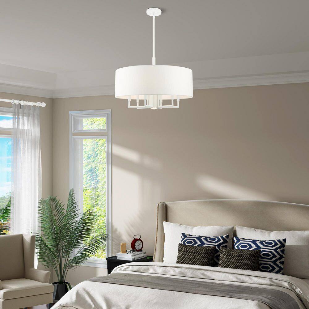 Meridian 7-Light White Fabric Drum Pendant Chandelier