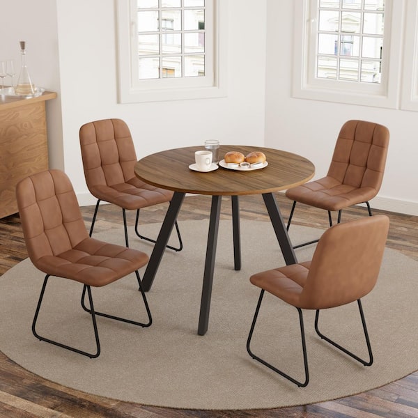 GOJANE 5-Piece 34.6 in. Modern Round Dining Table with Leather Chairs(Walnut Table+4 U-shaped Brown Chairs)