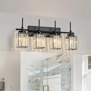 Orillia 27.17 in. 4-Light Modern Industrial Black Bathroom Vanity Light with Crystal Square Shades