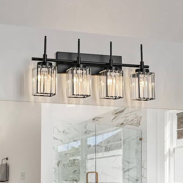 EDISLIVE Orillia 27.17 in. 4-Light Modern Industrial Black Bathroom Vanity Light with Crystal Square Shades
