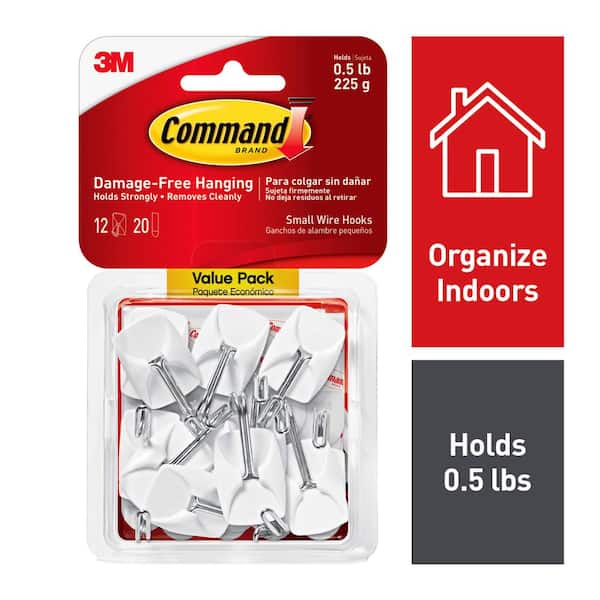 Command 1/2 lb. Small White Wire Hook Value Pack (12 Hooks, 20 Strips)