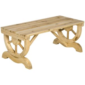 2-Person Natural Wood Outdoor Garden Bench Ottoman with a Unique Wheel Designed Legs