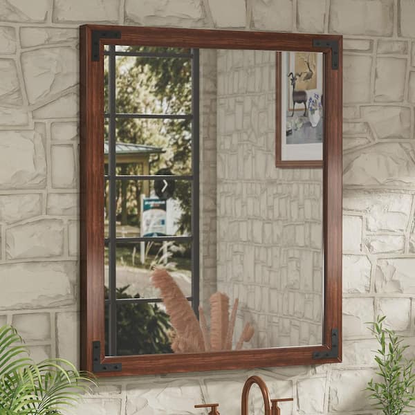 KeonJinn 30 in. W x 36 in. H Rectangular Rustic Wood Framed Farmhouse Wall Bathroom Vanity Mirror in Brown