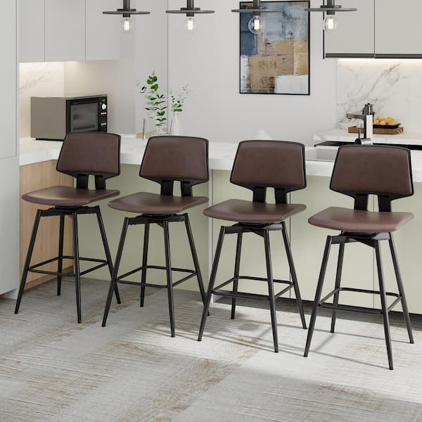 Swivel Bar Stools Set of 4, Brown Counter Height Bar Chairs with Faux Leather Upholstery for Home Bar 34.8 in. Metal