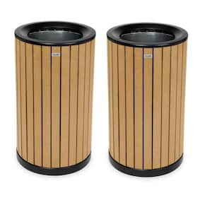 32 gal. All-Weather Cedar Panel Steel Round Commercial Outdoor Trash Can with Liner (2-Pack)
