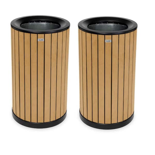 32 gal. All-Weather Cedar Panel Steel Round Commercial Outdoor Trash Can with Liner (2-Pack)