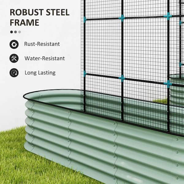 Outsunny - Raised Garden Beds with Arch Trellis, Climbing Net, Galvanized Steel Planter Box for Climbing Vegetables Flowers Herbs