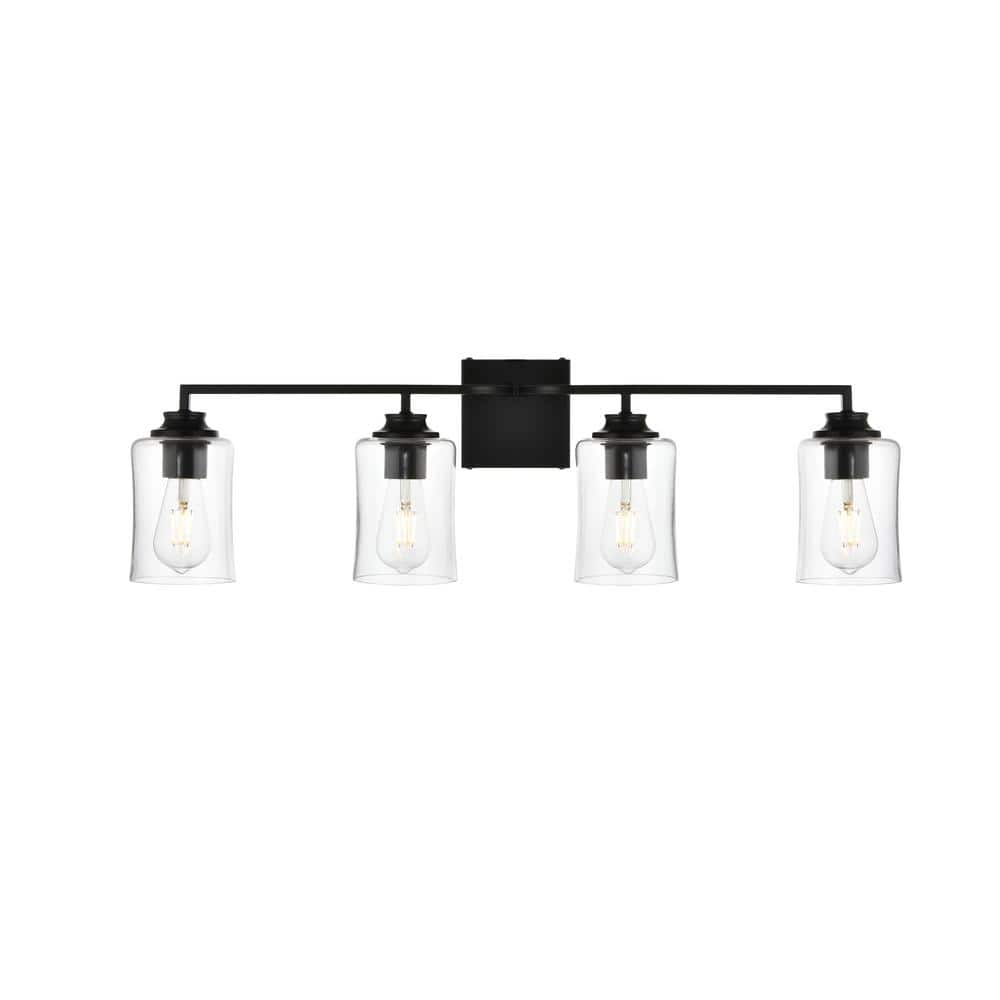Simply Living 32 in. 4-Light Modern Black Vanity Light with Clear Bell Shad