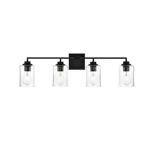 Simply Living 32 in. 4-Light Modern Black Vanity Light with Clear Bell Shade