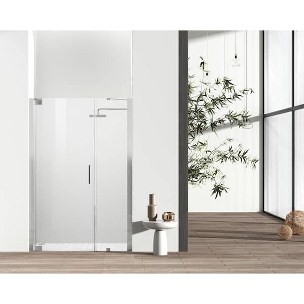 Unbranded Simply Living 48 in. W x 72 in. H Semi-Frameless Hinged Shower Door in Brushed Nickel with Clear Glass