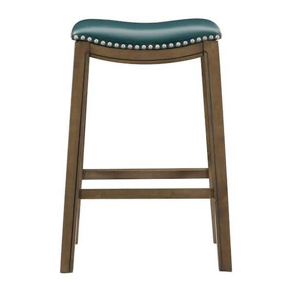 EVERGLADE HOME Pecos 31 in. Brown Backless Wood Frame Saddle Bar Stool with Green Faux Leather Seat