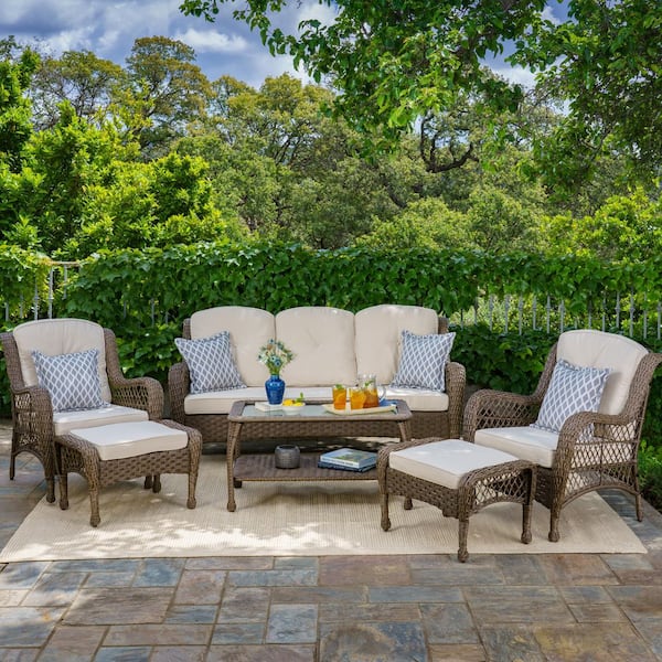 Tortuga Outdoor Rio Vista 6-Piece Resin Wicker Conversation Set with Beige Cushions (Outdoor Sofa, Wicker Chairs, and Patio Furniture)