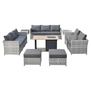 Eufaula Gray 13-Piece Wicker Modern Outdoor Patio Conversation Sofa Set with a Storage Fire Pit and Black Cushions