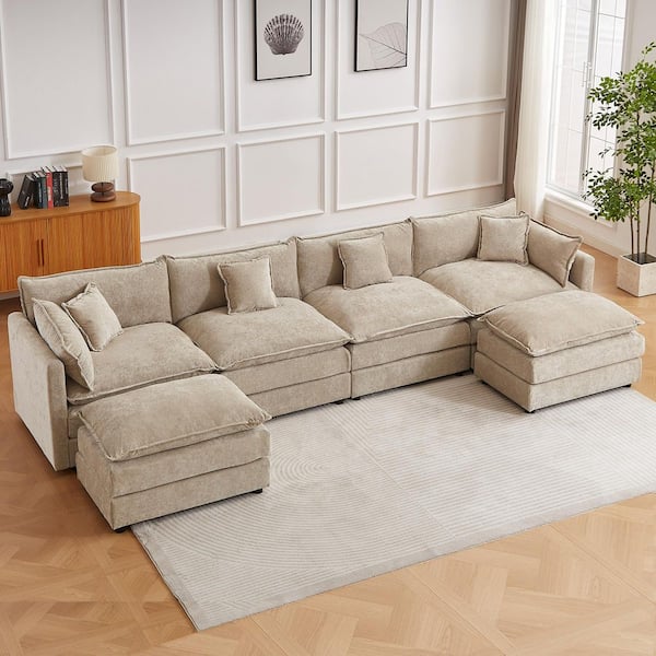 147.2 in. Square Arm U-Shaped Chenille Deluxe Pillow-Styled Modular Sectional Sofa in. Coffee with 2-Ottoman