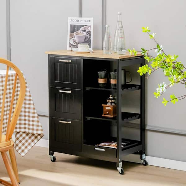 Bunpeony Black Rolling Kitchen Cart with 3-Large Drawers and Wood Table Top