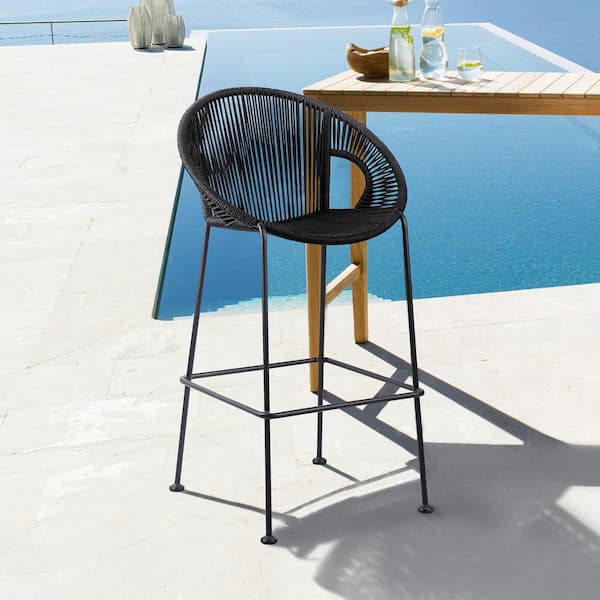 Armen Living Acapulco 30 in. Indoor Steel Outdoor Bar Stool with Black Rope