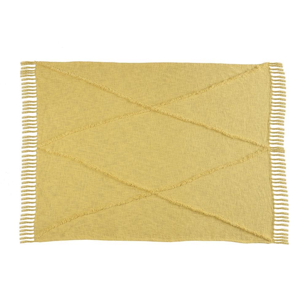Norah Yellow Moroccan Fringed Tufted Cotton Throw Blanket