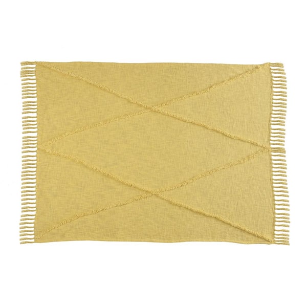 Unbranded Norah Yellow Moroccan Fringed Tufted Cotton Throw Blanket