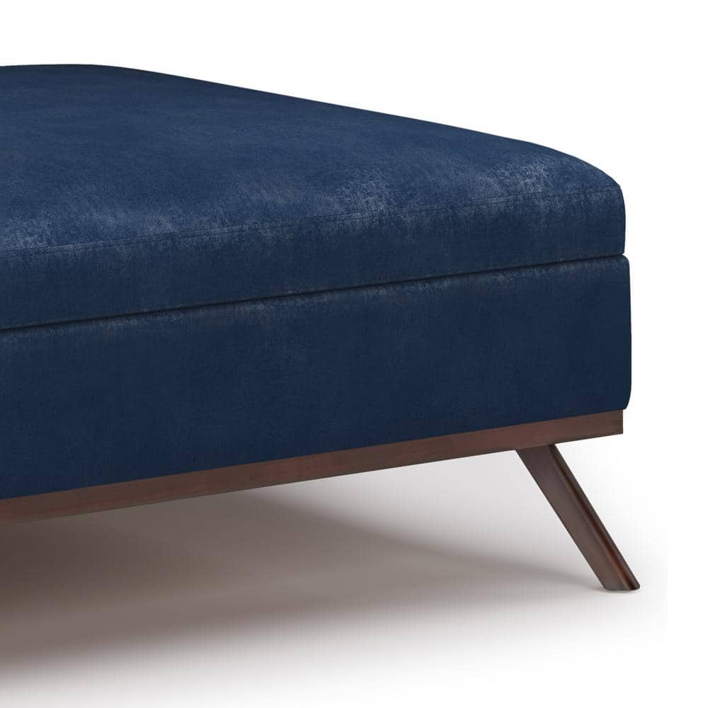 Owen Mid-Century Distressed Dark Blue Faux Leather Storage Ottoman