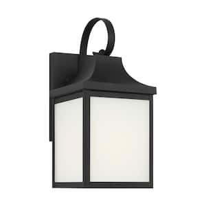 Saybrook 13 in. Textured Black Outdoor Hardwired Small Wall Lantern Sconce with Glass Shade and No Bulbs Included