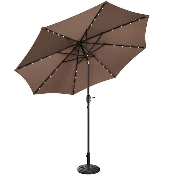 Pure Garden 9 ft. LED Outdoor Market Patio Umbrella with Base in Brown