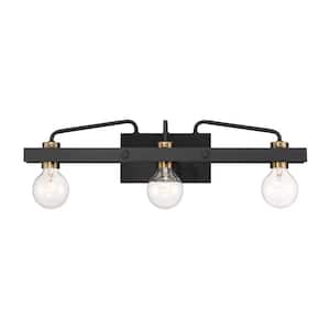 Ravella 24 in. 3-Light Black Industrial Vanity with Old Satin Brass Accents